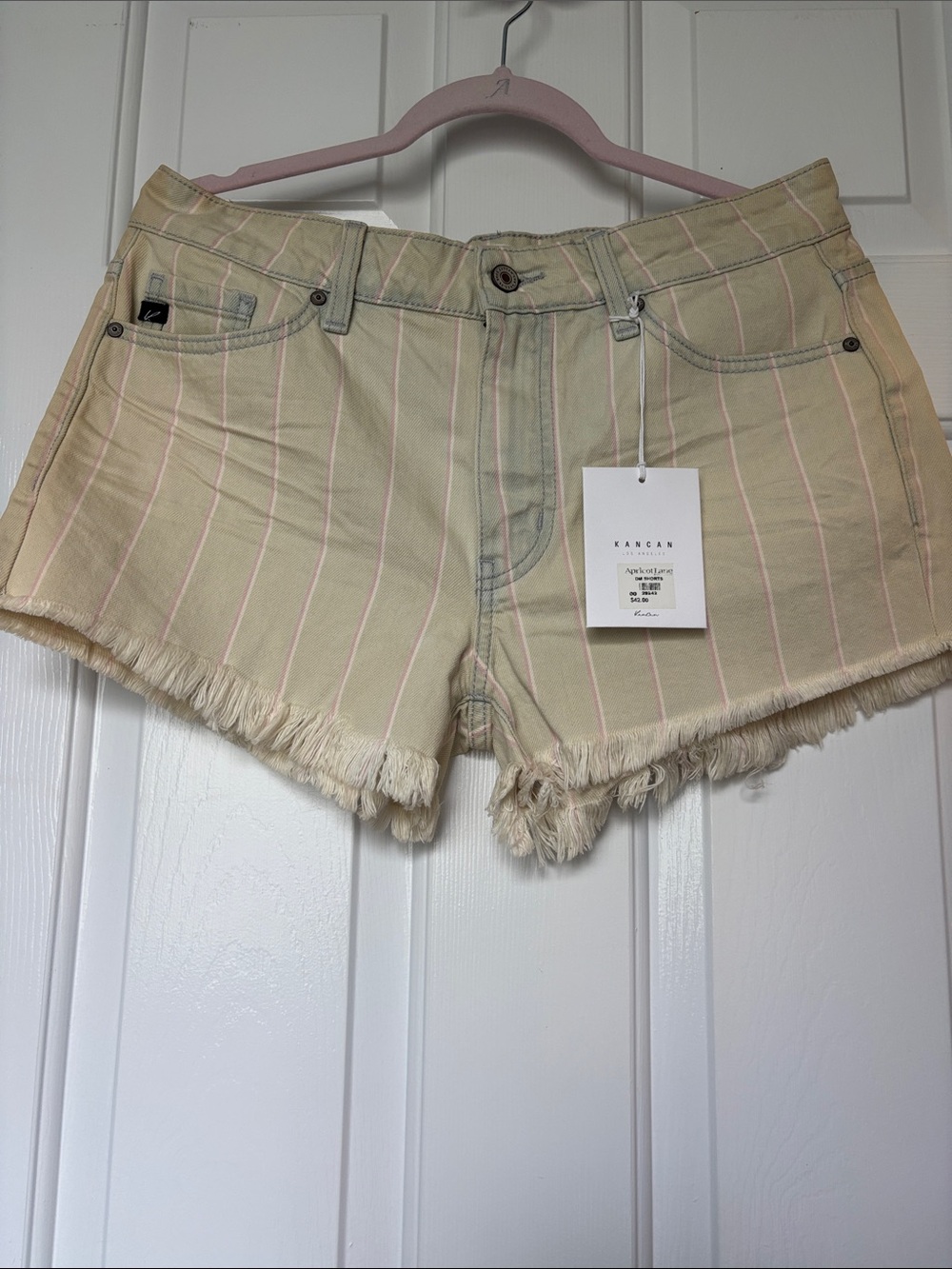 KanCan Cream Distressed Denim Shorts with Pink Pinstripes and Frayed Hem large